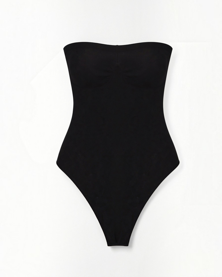 Luna Moda black seamless bandeau thong bodysuit with high-cut leg for a sculpting, invisible fit under clothing.