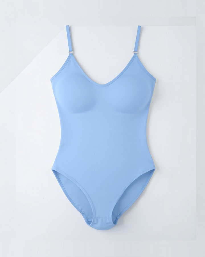 Luna Moda Daria light blue seamless shaping bodysuit with adjustable thin straps and a smooth compression fit.