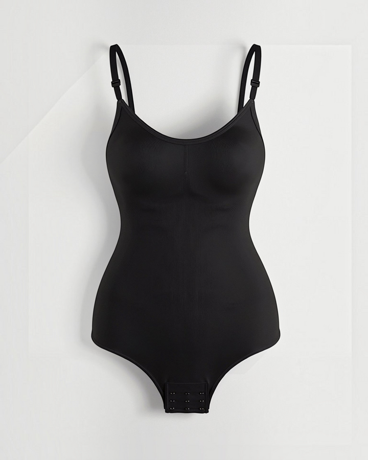 Luna Moda Daria black seamless shaping bodysuit with adjustable thin straps and snap closure for a smooth silhouette