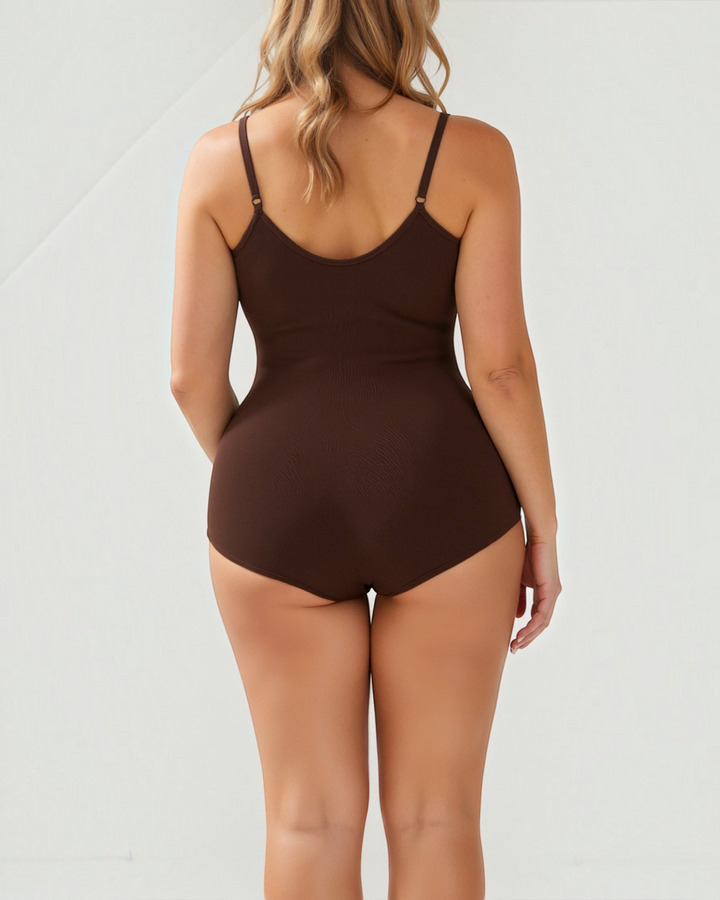 Luna Moda Daria seamless brown shaping bodysuit with adjustable thin straps, back view on a model.