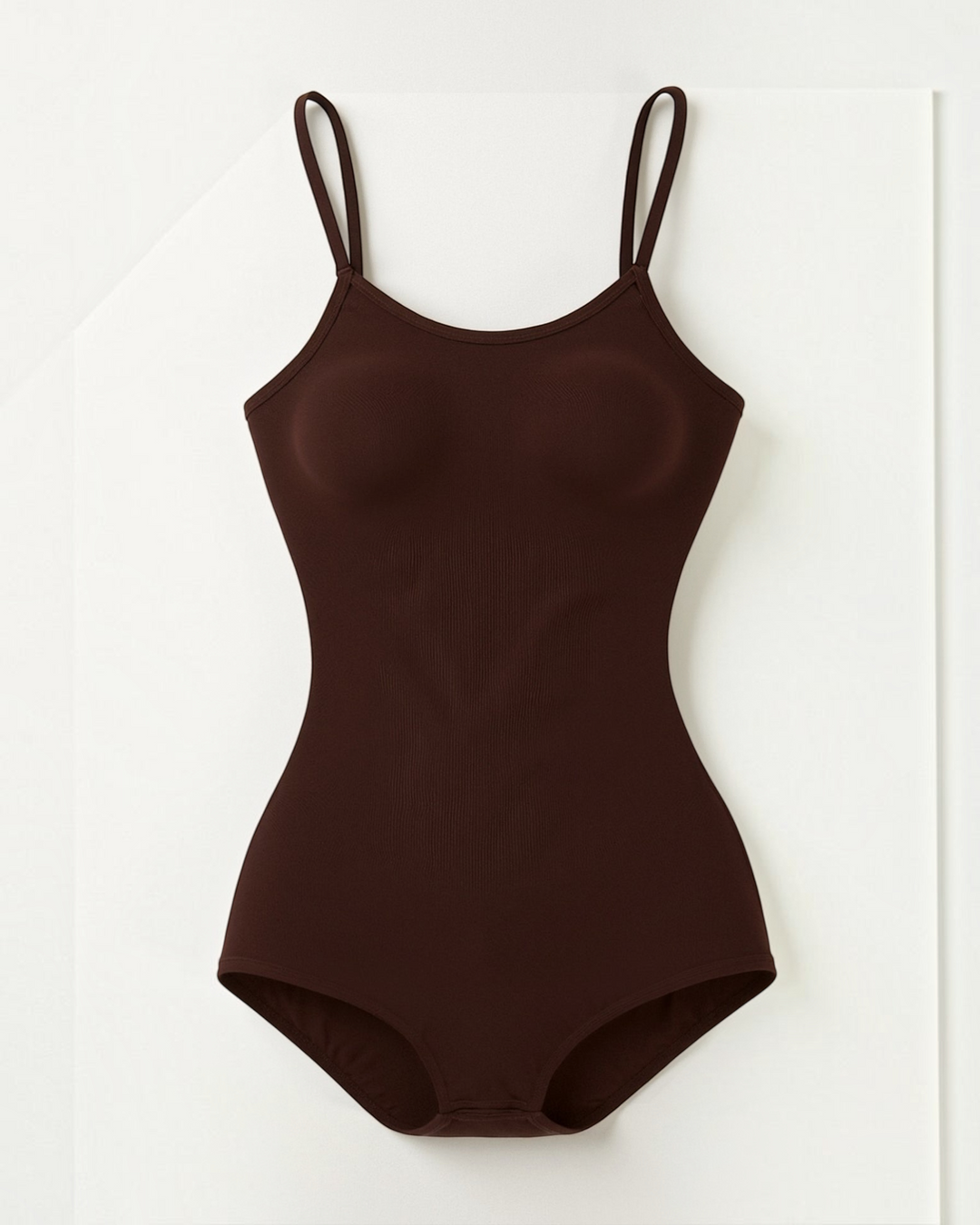 Luna Moda Daria seamless dark brown sculpting bodysuit with adjustable thin straps and a flattering scoop neckline.