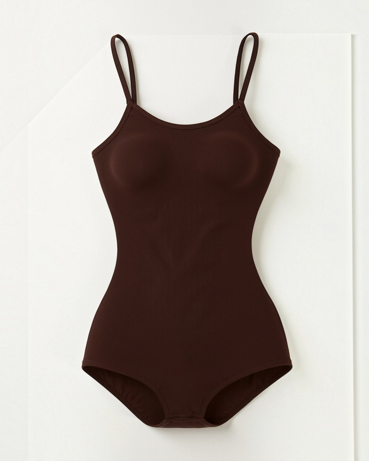Luna Moda Daria seamless dark brown sculpting bodysuit with adjustable thin straps and a flattering scoop neckline.