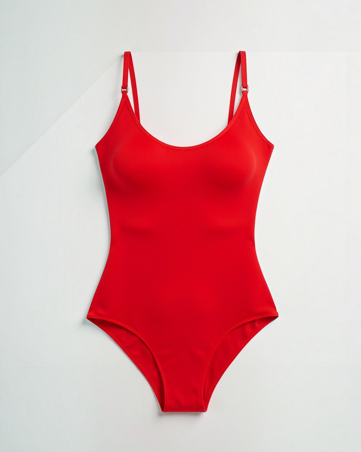 Luna Moda Daria red seamless shaping bodysuit with adjustable thin straps and a scoop neckline for a smooth fit.