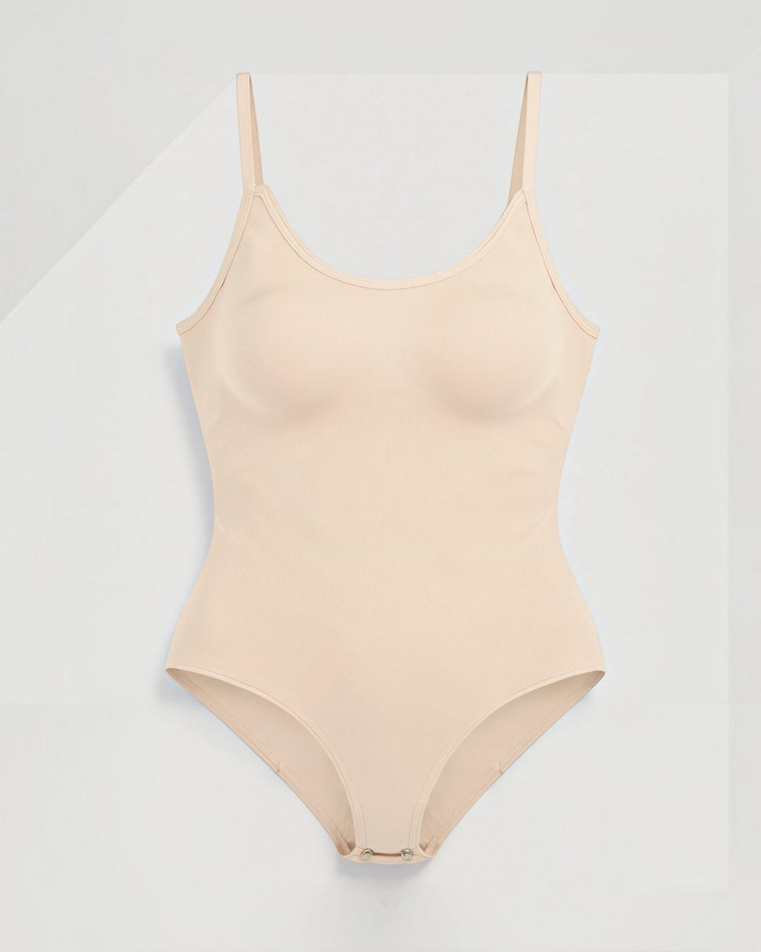 Luna Moda Daria beige seamless shaping bodysuit with adjustable thin straps and snap closure for a smooth silhouette