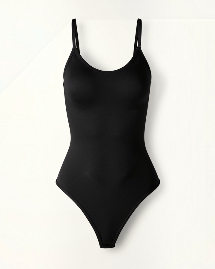 Luna Moda black thong bodysuit with a scoop neckline, adjustable straps, and smoothing compression fabric.