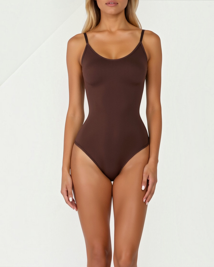 Luna Moda Snatched thong bodysuit in dark brown with adjustable straps and smoothing compression fabric