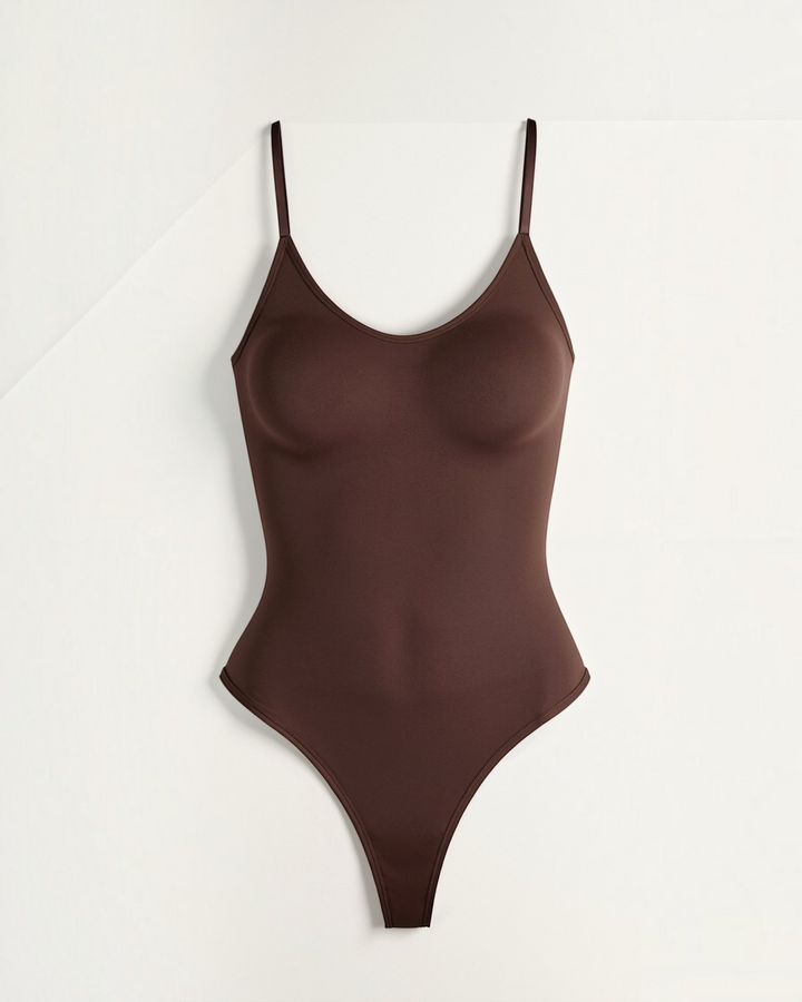 Luna Moda Snatched seamless brown thong bodysuit with adjustable straps and a flattering boat neckline