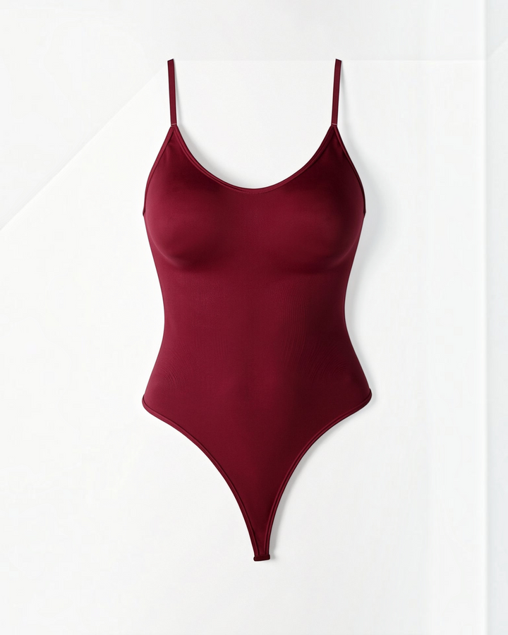 Luna Moda Snatched thong bodysuit in deep burgundy with a boat neckline and adjustable straps for a smooth fit.