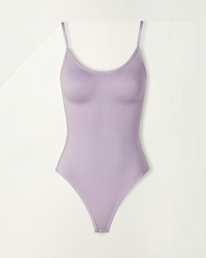 Luna Moda Snatched lavender thong bodysuit with a scoop neckline, adjustable straps, and seamless compression fabric.