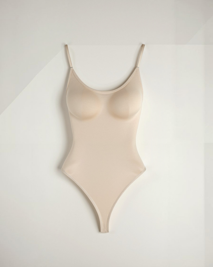Luna Moda beige seamless thong bodysuit with a boat neckline and adjustable straps for a smooth silhouette.