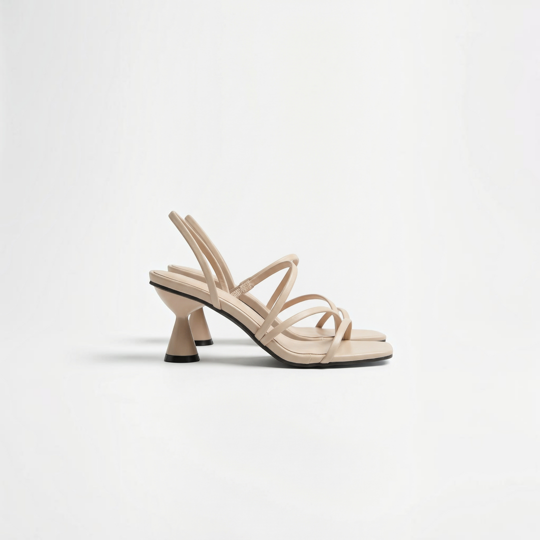 Luna Moda STEPHANIE beige sandals with a unique flared block heel and delicate crisscross straps
