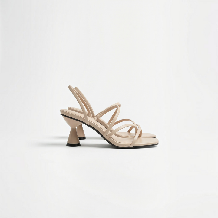 Luna Moda STEPHANIE beige sandals with a unique flared block heel and delicate crisscross straps