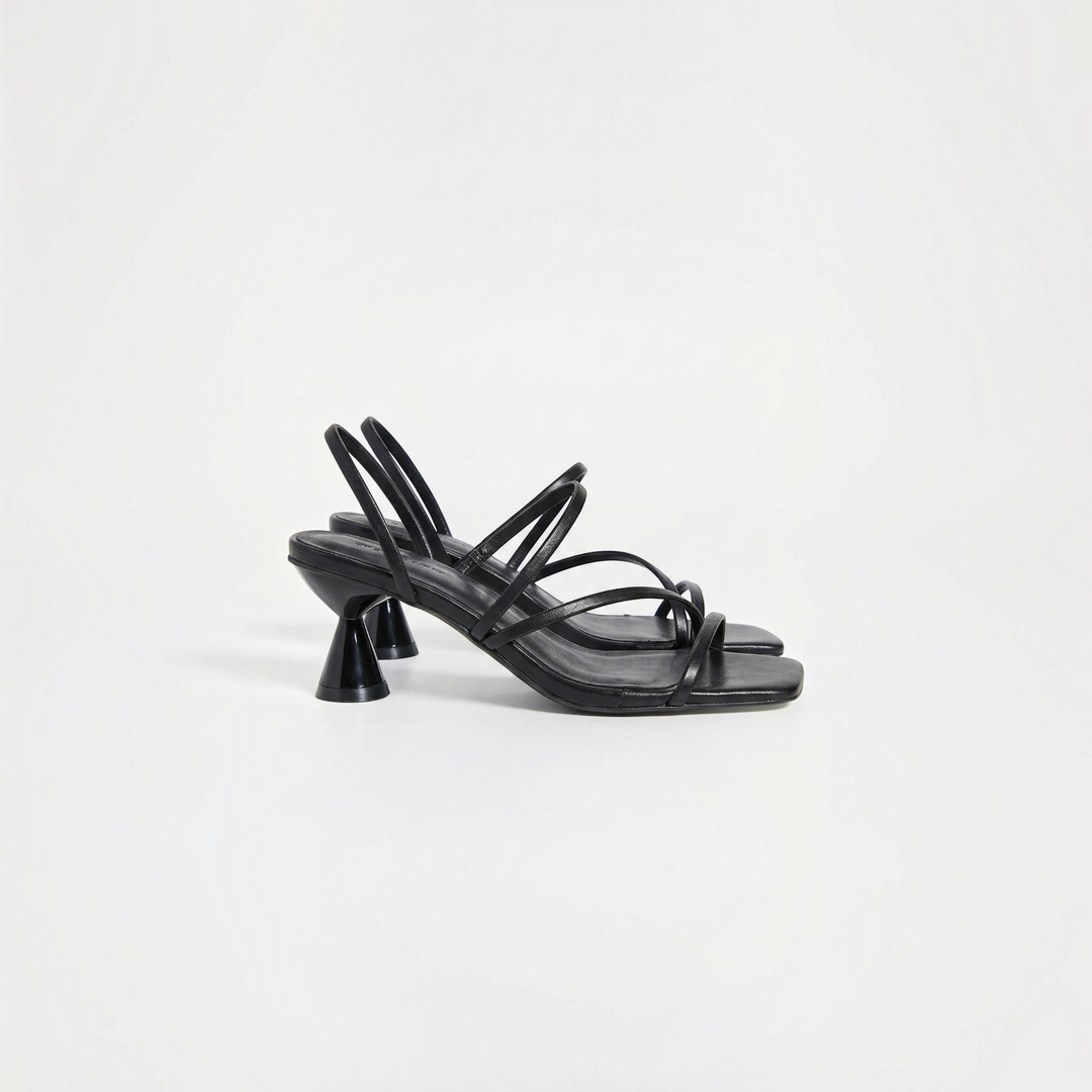 Luna Moda STEPHANIE black sandals with a unique flared block heel and delicate crisscross straps