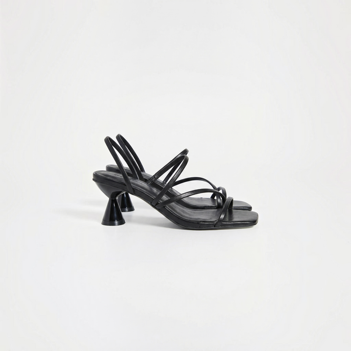 Luna Moda STEPHANIE black sandals with a unique flared block heel and delicate crisscross straps