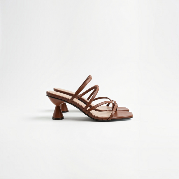 Luna Moda brown strappy sandals with a unique flared block heel and square toe design for an elegant look.