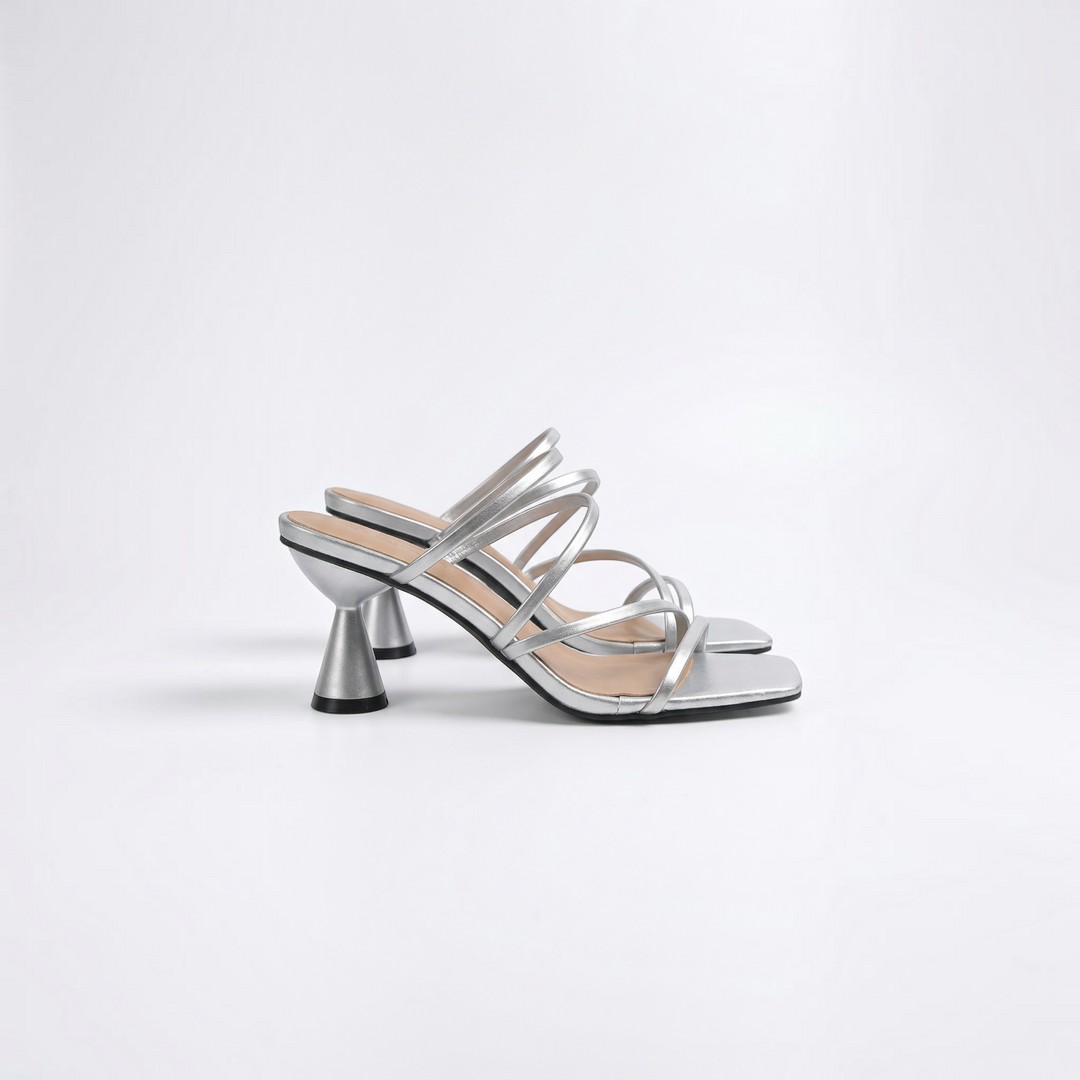 Luna Moda STEPHANIE silver sandals with a unique flared block heel and delicate crisscross straps