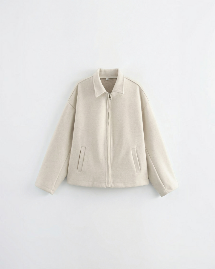 Luna Moda Teresa cream zip-up jacket with a relaxed fit, classic collar, and functional front pockets.