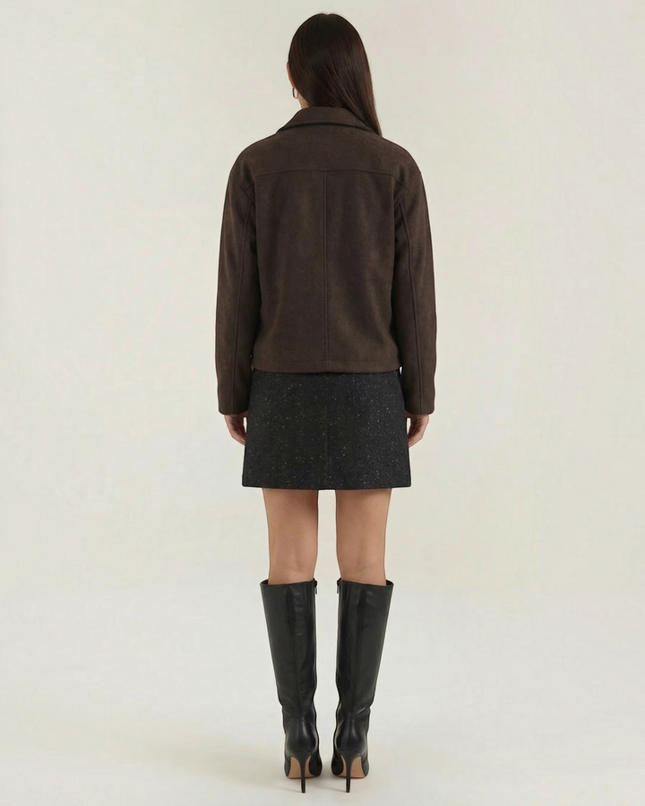 Luna Moda Teresa brown zip-up jacket with a relaxed fit worn by a model with a dark skirt and black knee-high boots