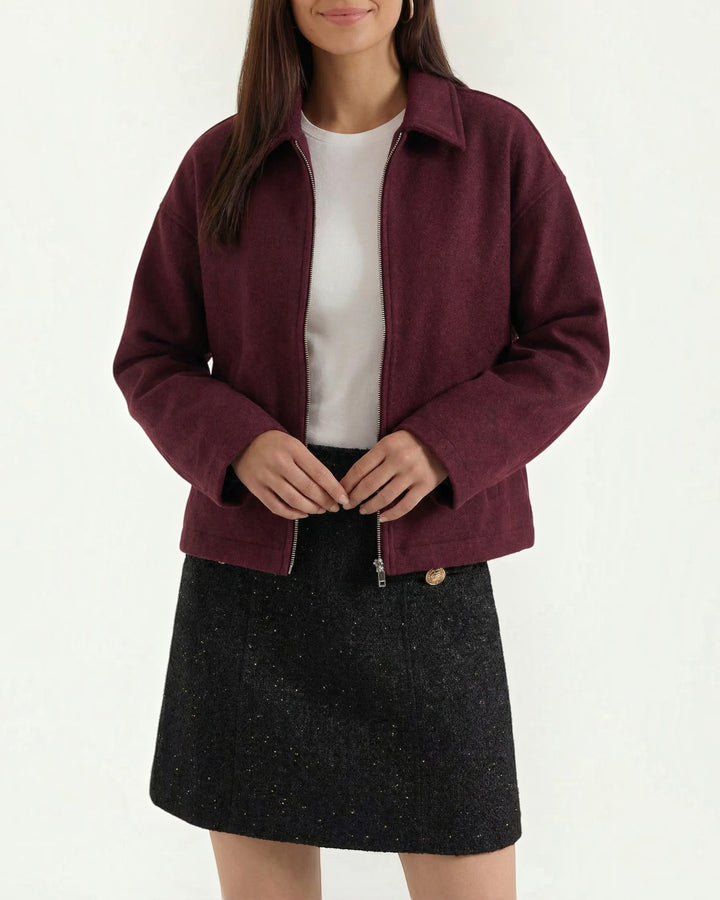 Luna Moda Teresa burgundy zip-up jacket with a relaxed fit and classic collar worn over a white t-shirt