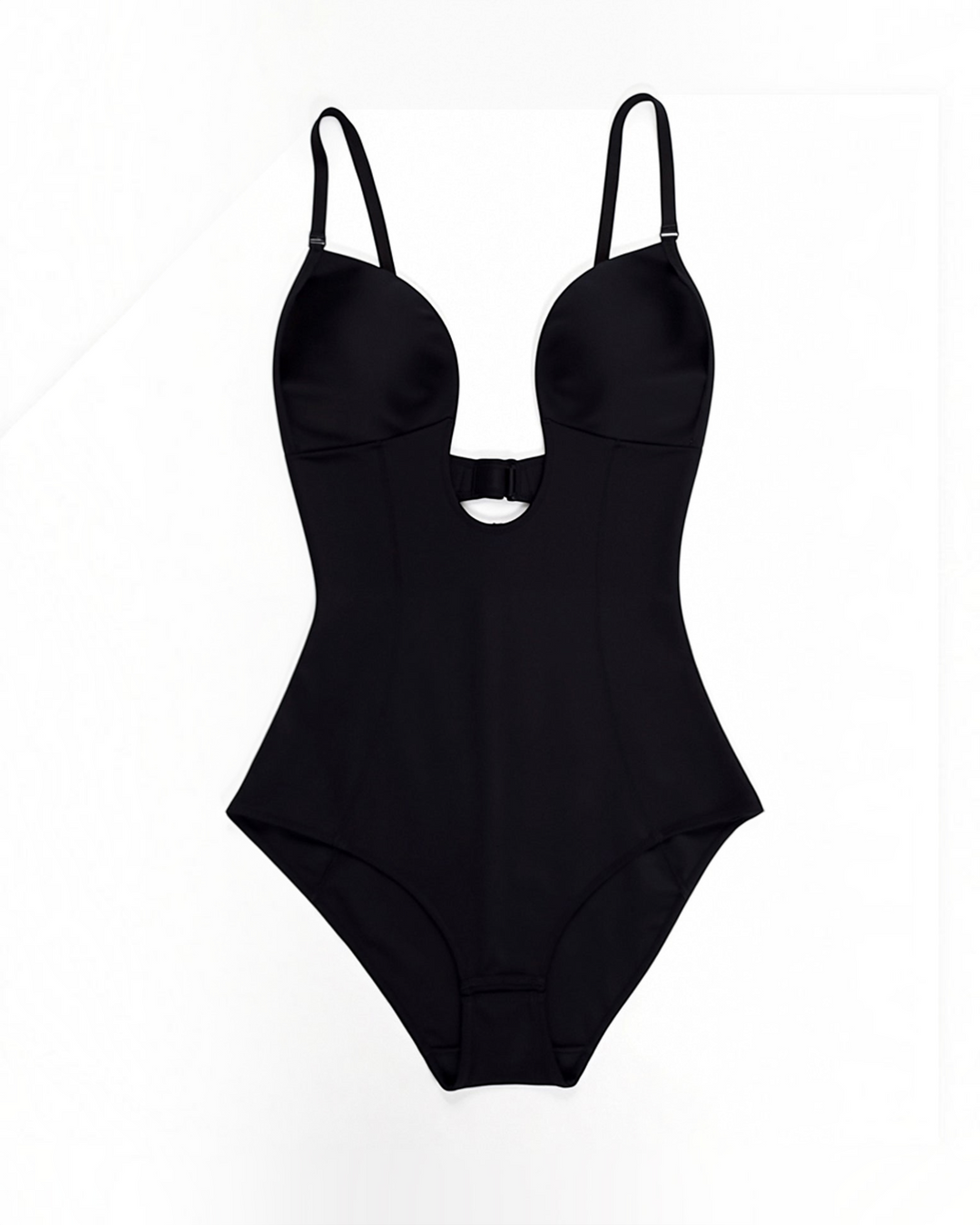 Luna Moda black seamless thong shapewear bodysuit with underwire, deep neckline, and adjustable straps.