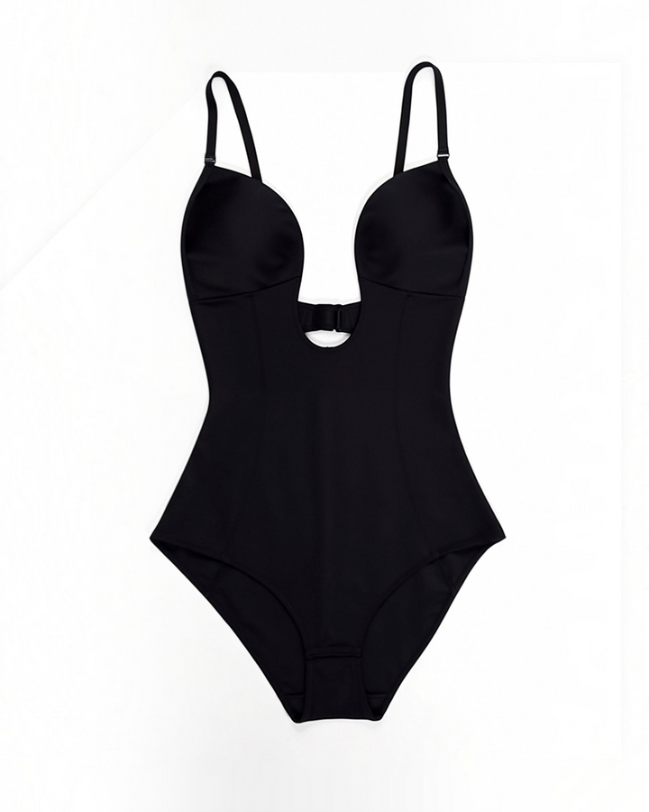 Luna Moda black seamless thong shapewear bodysuit with underwire, deep neckline, and adjustable straps.