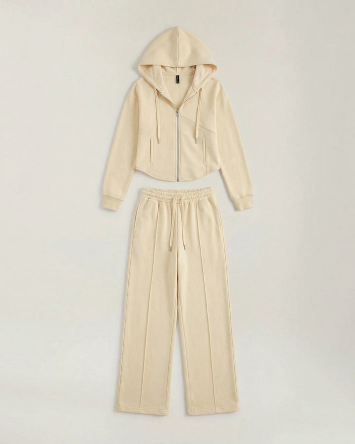 Luna Moda Yolanda beige two-piece set featuring a zip-up hooded sweatshirt and matching wide-leg lounge pants.
