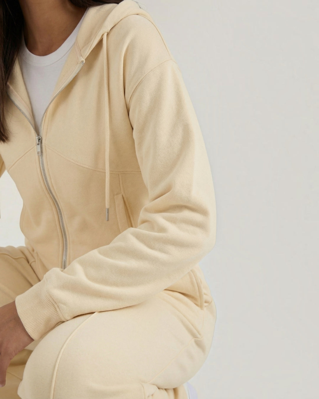 Luna Moda Yolanda cream zip-up hoodie and matching wide-leg lounge pants set in soft fabric