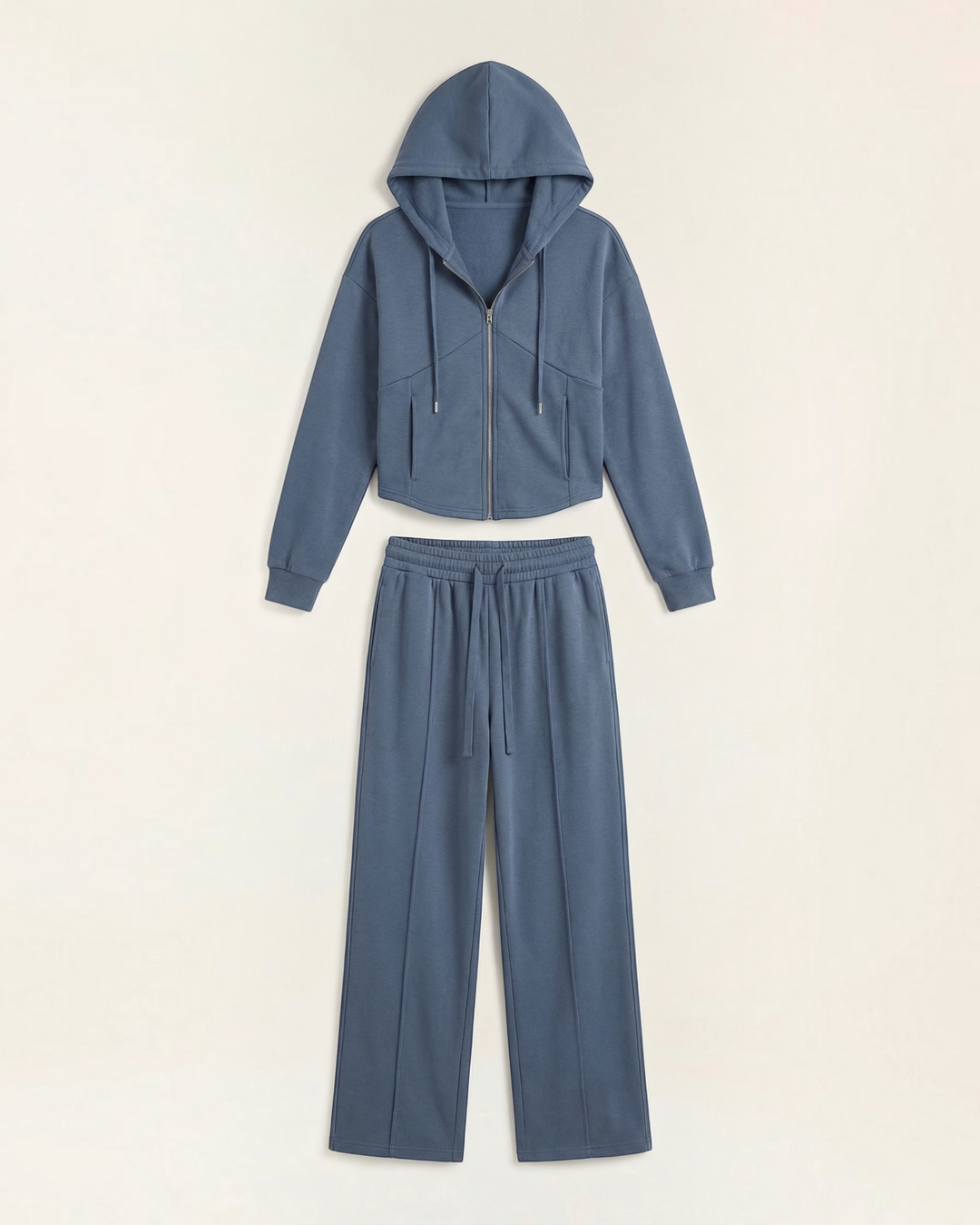 Luna Moda Yolanda blue two-piece set featuring a cropped zip-up hoodie and wide-leg trousers in soft fabric.