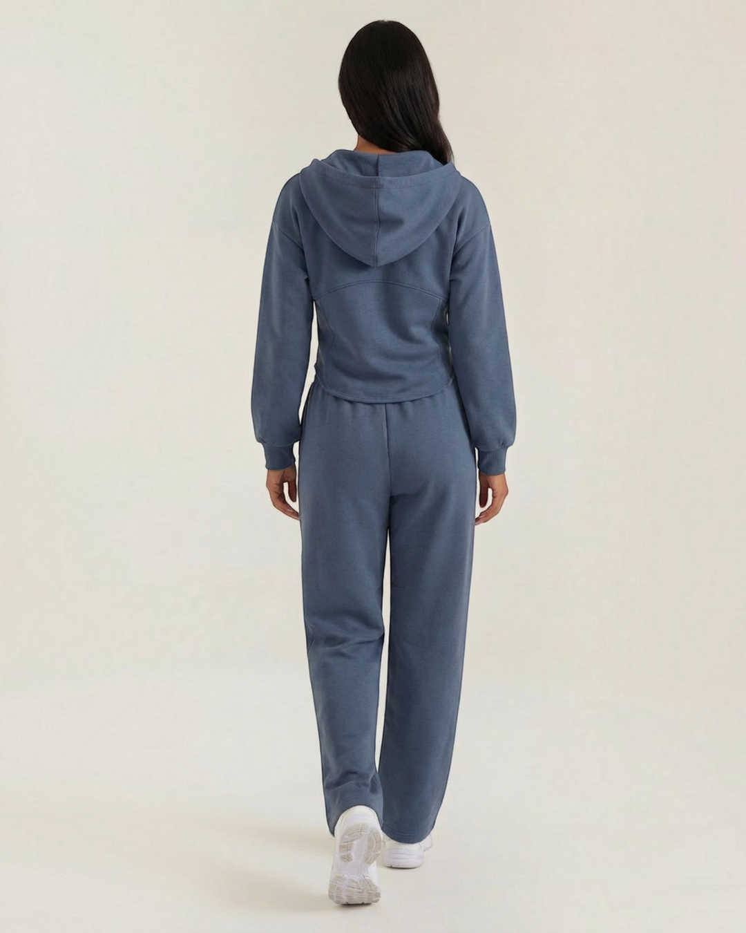 Luna Moda Yolanda blue two-piece lounge set with a hooded sweatshirt and wide-leg trousers, back view