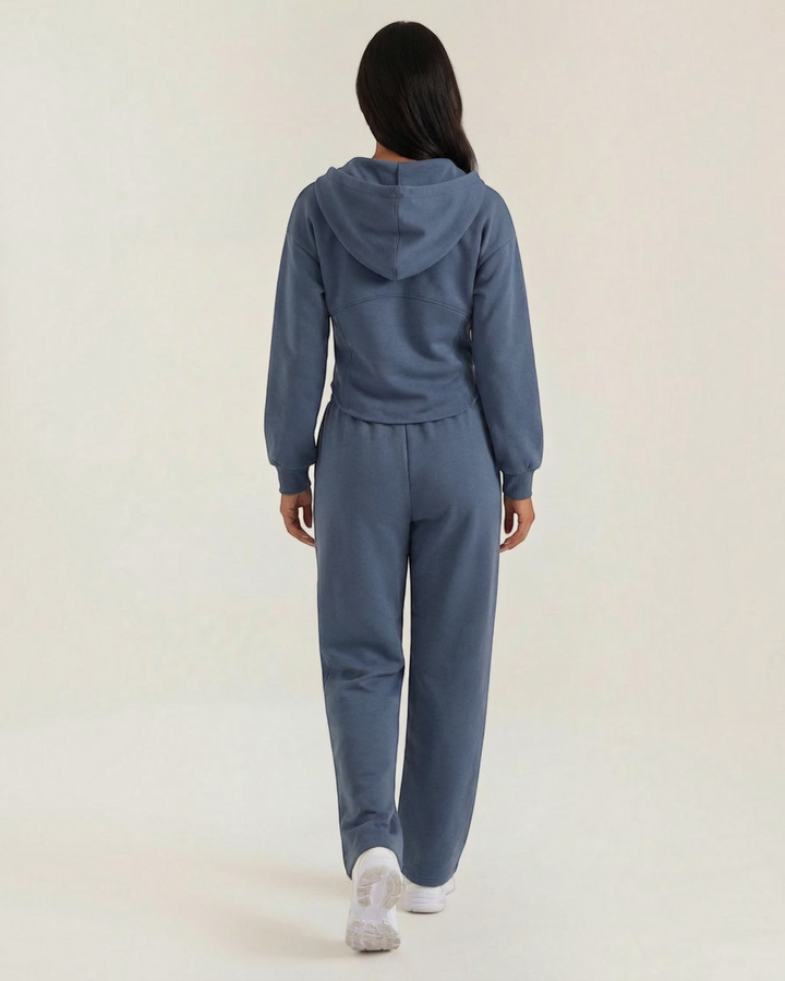 Luna Moda Yolanda blue two-piece lounge set with a hooded sweatshirt and wide-leg trousers, back view