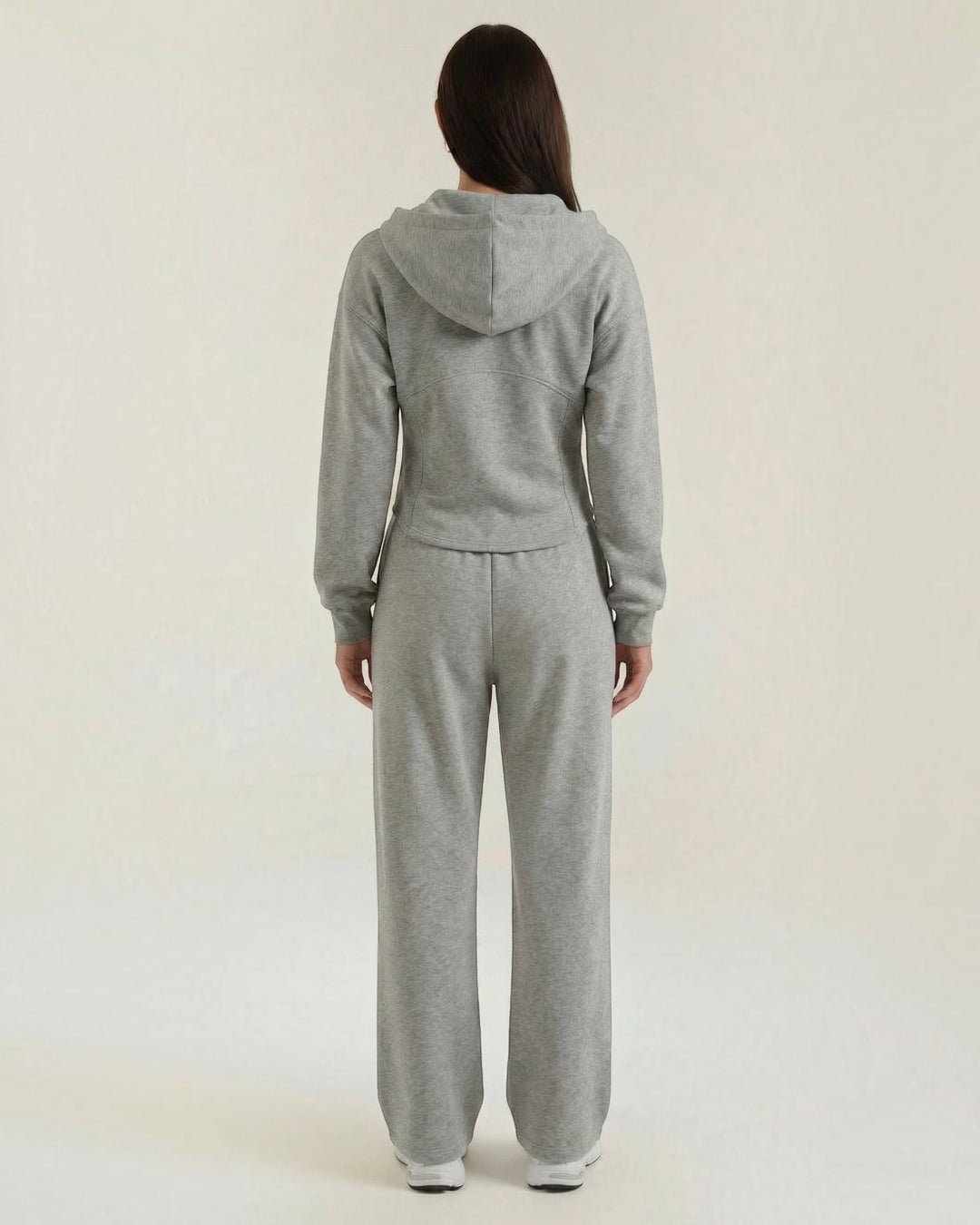 Luna Moda Yolanda grey two-piece lounge set with hooded sweatshirt and wide-leg trousers, back view