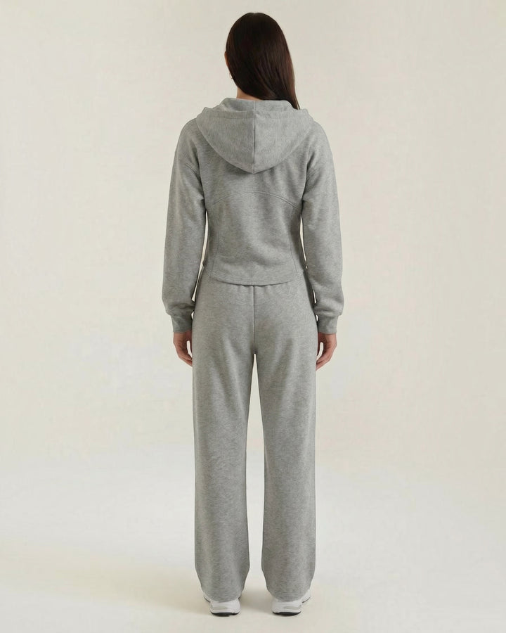 Luna Moda Yolanda grey two-piece lounge set with hooded sweatshirt and wide-leg trousers, back view