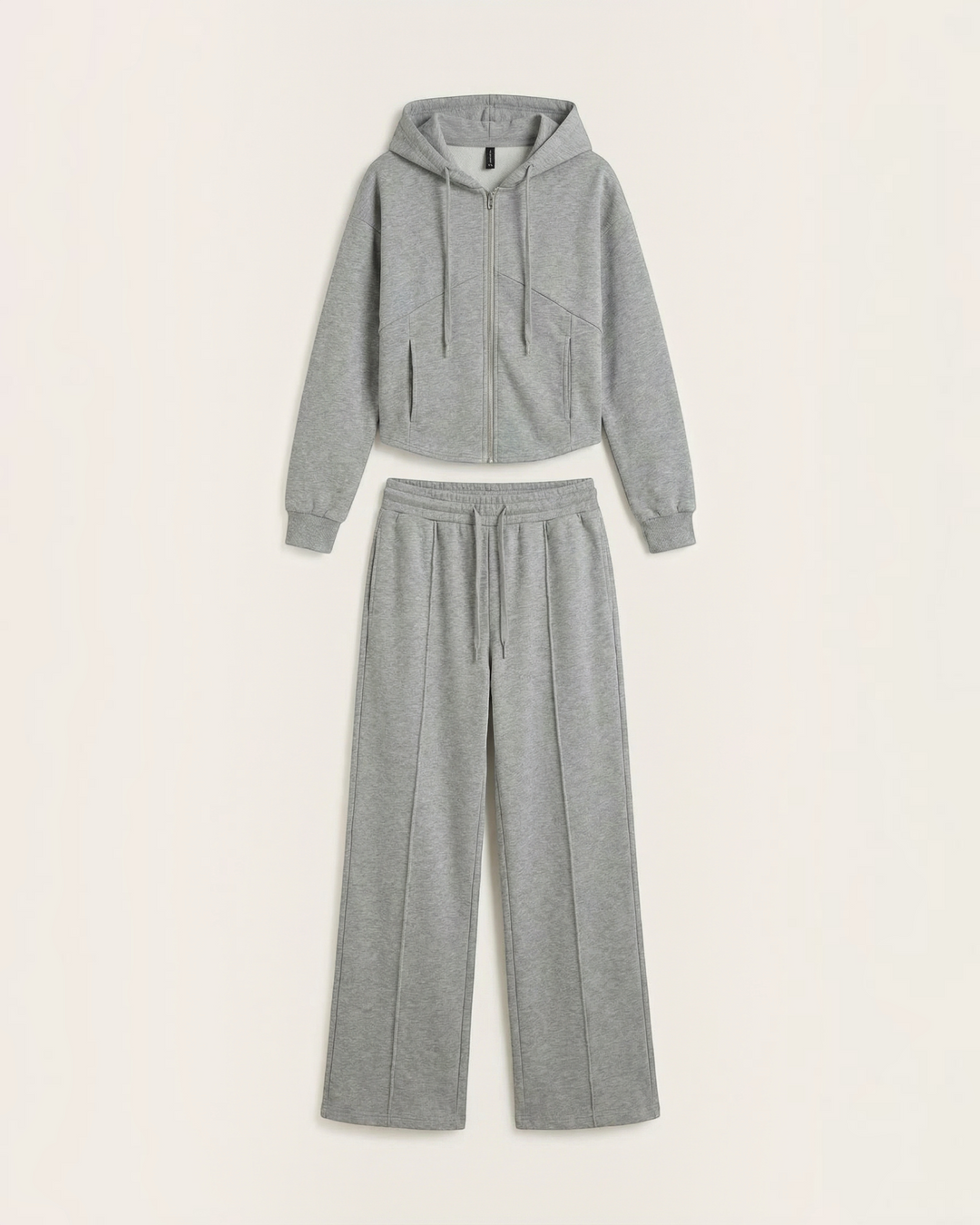 Luna Moda Yolanda grey two-piece set featuring a zip-up hoodie and wide-leg trousers in soft, comfortable fabric.