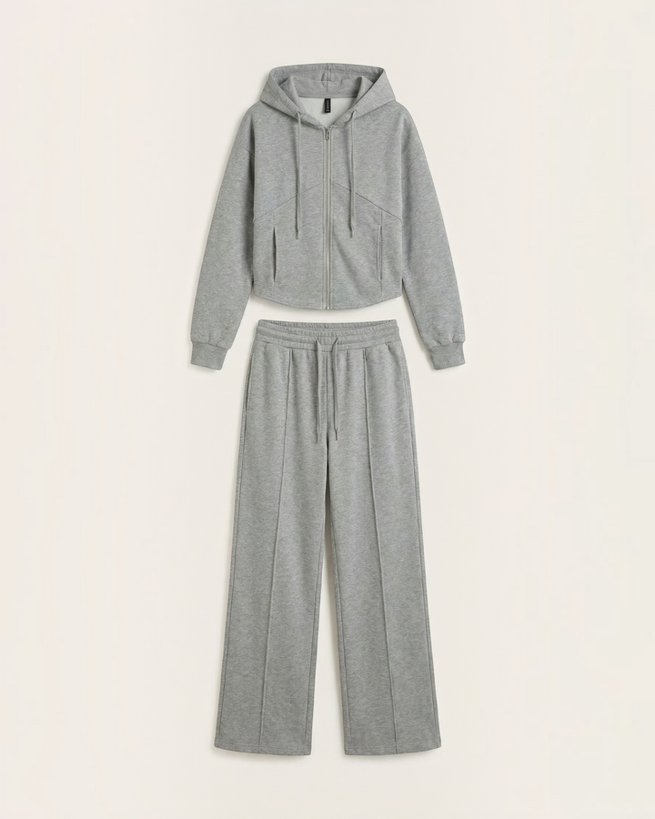 Luna Moda Yolanda grey two-piece set featuring a zip-up hoodie and wide-leg trousers in soft, comfortable fabric.