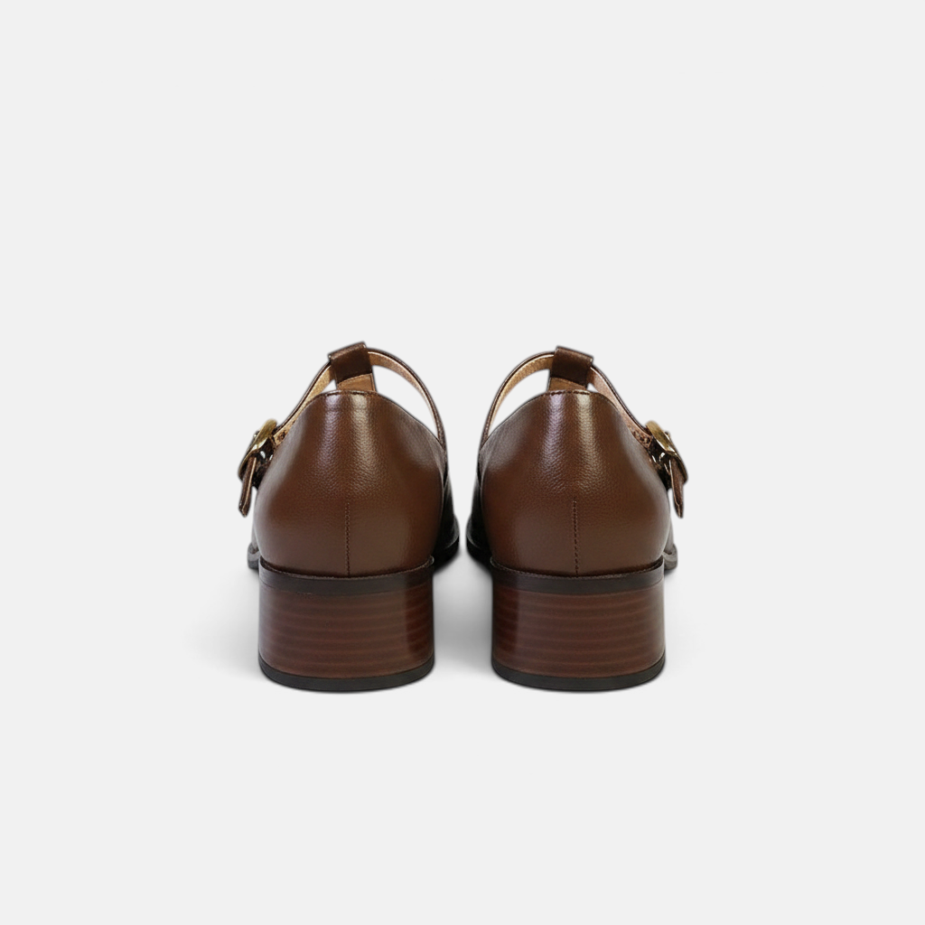 Luna Moda brown leather Mary Jane shoes with a T-bar strap and a sturdy block heel, back view.