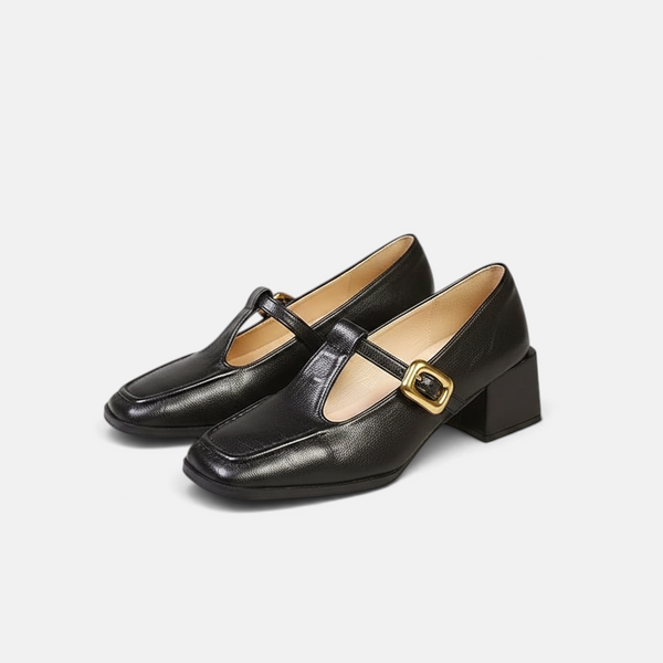 Luna Moda black leather Mary Jane shoes with T-bar strap, square toe, and stable block heel.