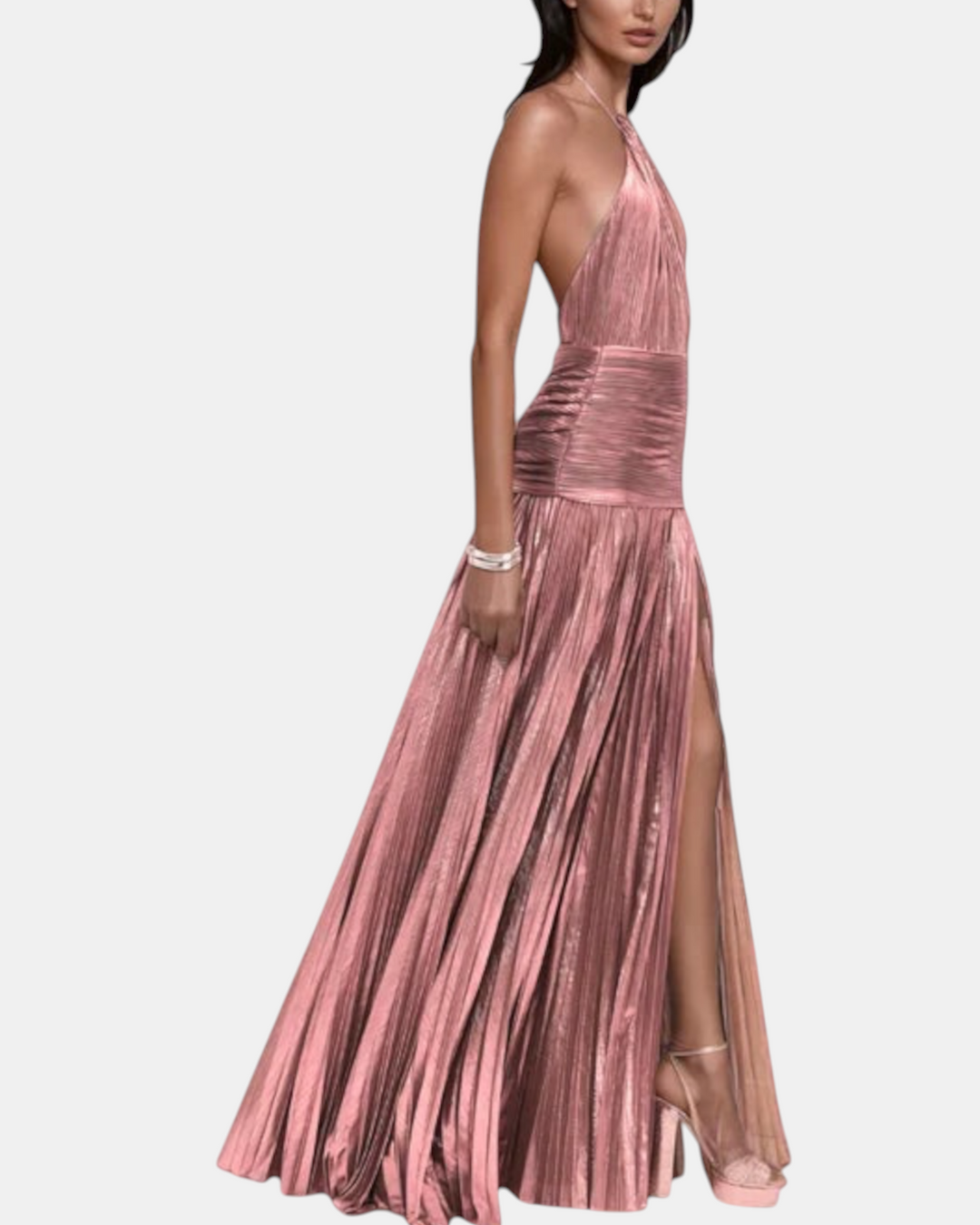 Luna Moda metallic peridot halter dress with open back and high leg slit worn by a model in a studio setting