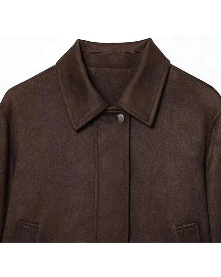 GINEVRA di Luna Moda, giacca corta da donna effetto scamosciato, colore marrone.