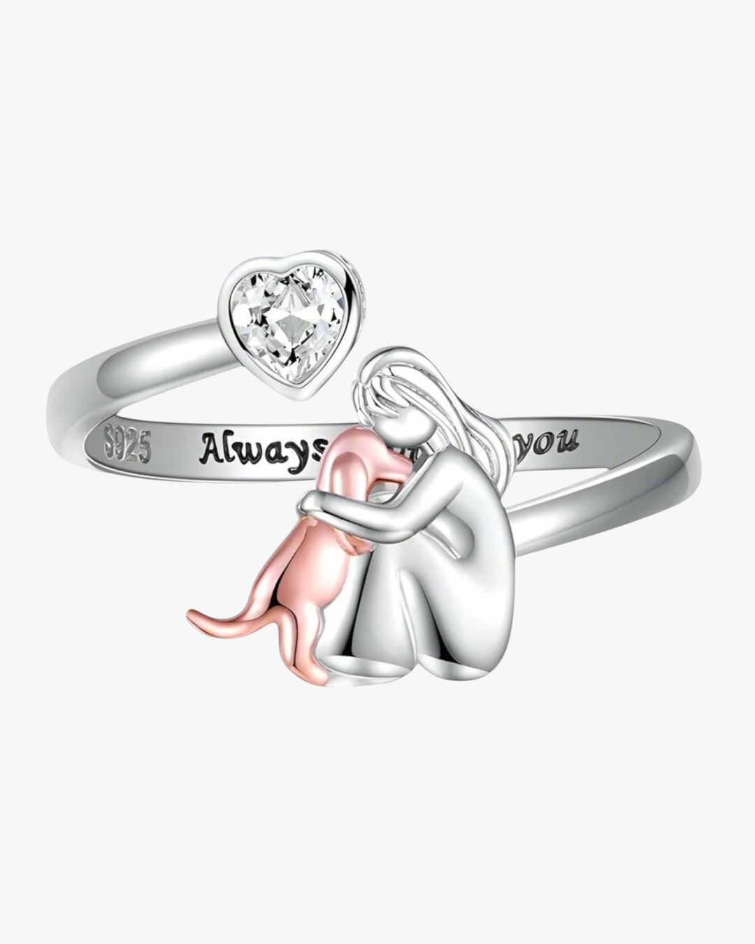 Luna Moda silver ring featuring a girl hugging a rose gold dog with a heart-shaped crystal and engraved sentiment.