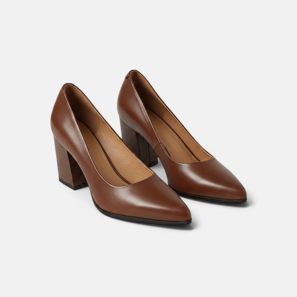 Luna Moda Vera brown leather pointed-toe pumps with a stable block heel for an elegant and comfortable look.