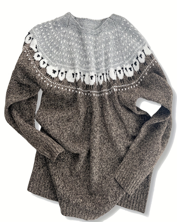 Luna Moda thick knit sweater with grey yoke, sheep pattern, and brown body in a relaxed Nordic style.