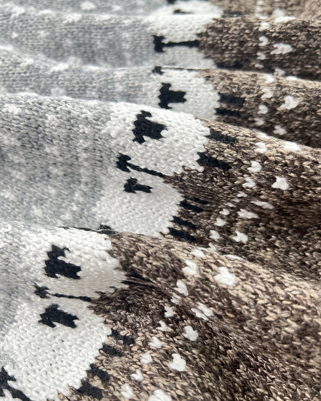 Luna Moda thick knit sweater with grey and brown colorblock pattern featuring a sheep jacquard design