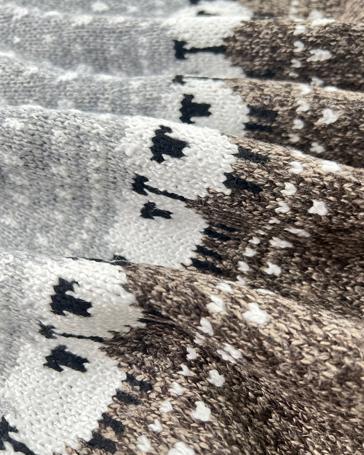 Luna Moda thick knit sweater with grey and brown colorblock pattern featuring a sheep jacquard design
