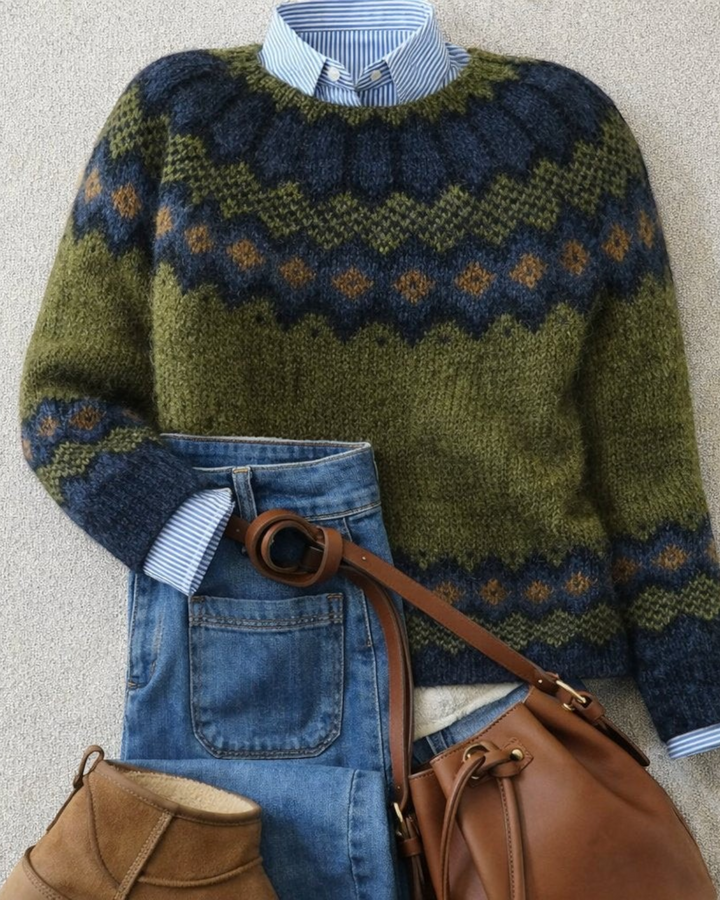 Luna Moda Romina sweater with olive, navy, and amber Fair Isle pattern, layered over a striped shirt and blue jeans.