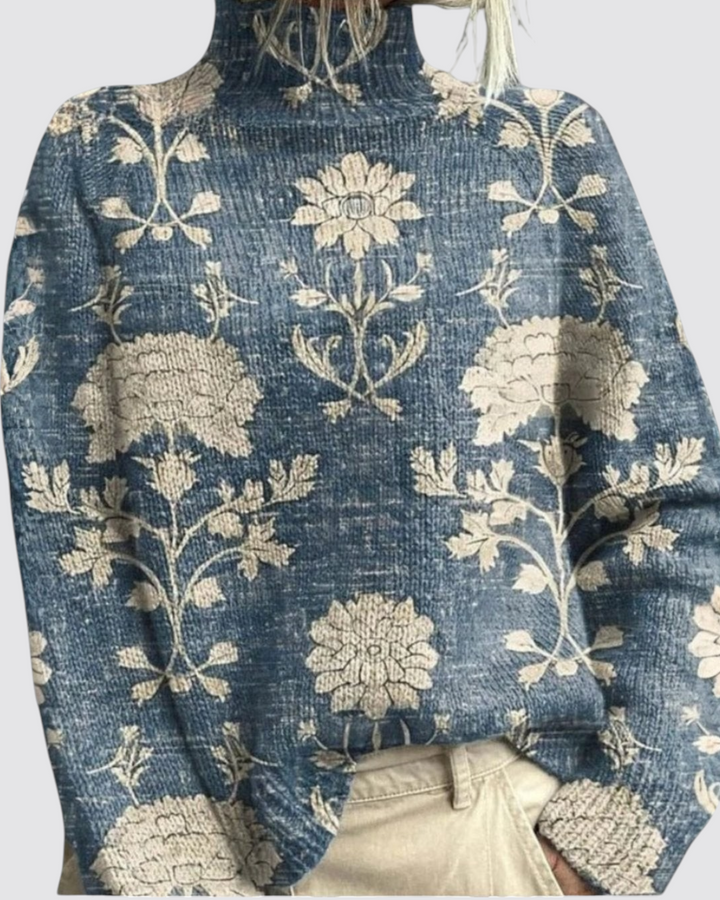 Luna Moda Lavinia turtleneck sweater in navy blue with a vintage cream floral botanical print and ribbed high neck.