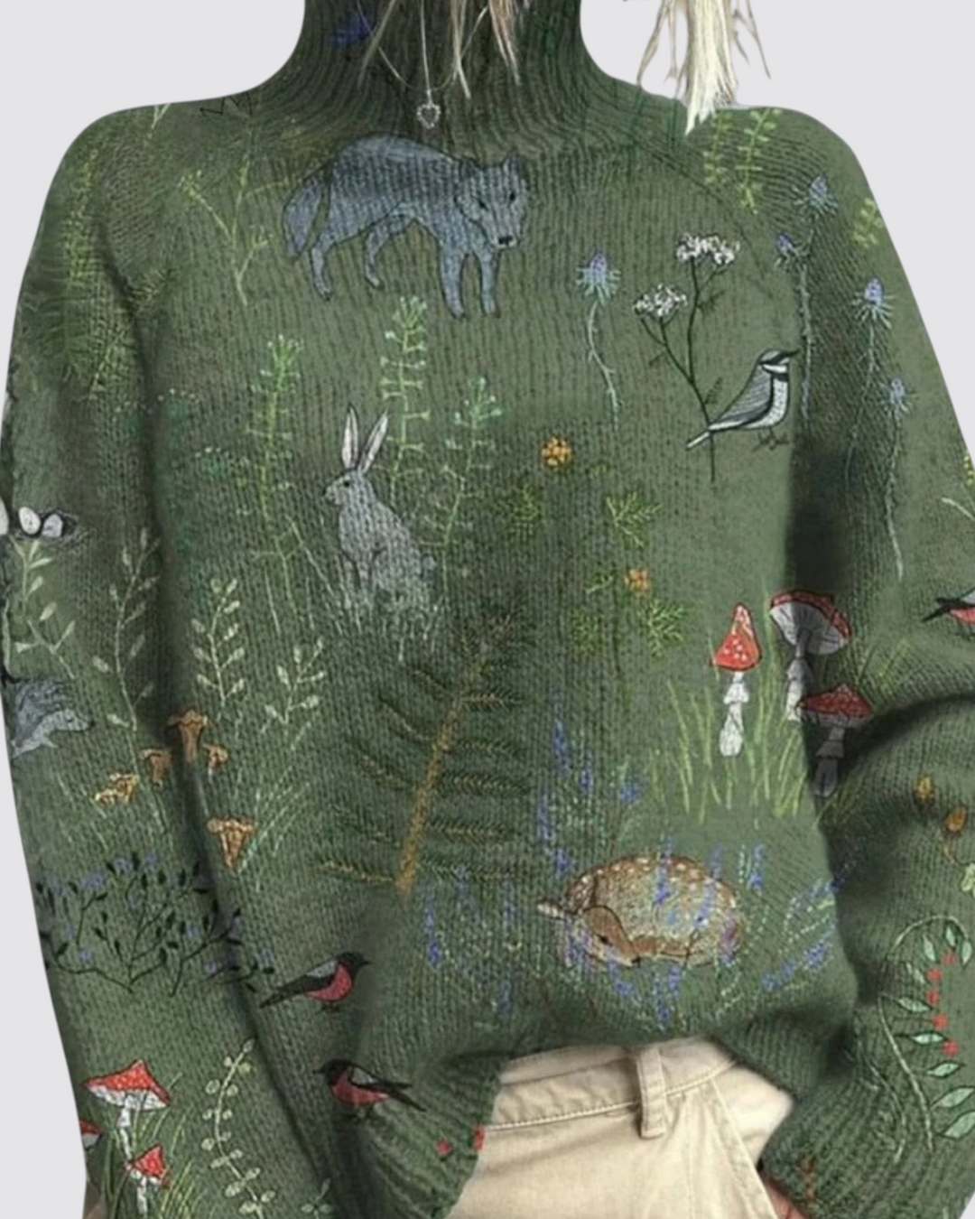 Luna Moda olive green turtleneck sweater with vintage forest animal and botanical print, featuring a ribbed collar.