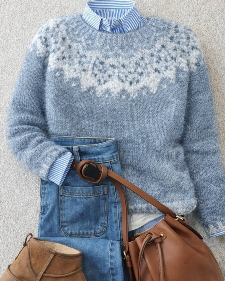 Luna Moda Rossella blue Fair Isle sweater with jacquard yoke, styled with a striped shirt, denim skirt, and boots.